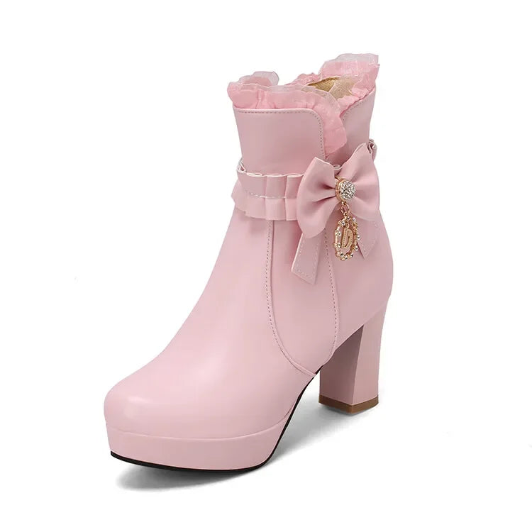 31-43 Cute Sweet Bow Knot Lolita Boots Pink Ruffles Boots