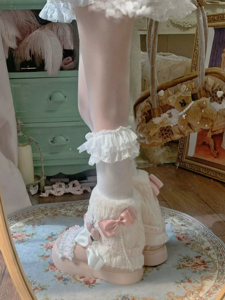 37-40 Sweet Winter Warm Bow Rabbit Fur Thick Snow Boots