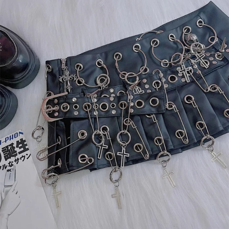 Punk Big PU Leather Belt Pleated Skirt