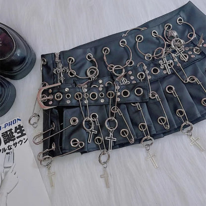 Punk Big PU Leather Belt Pleated Skirt