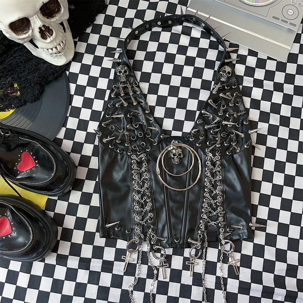 PU Leather Y2K Rivet Skull Chain Punk Halter Suspender Vest