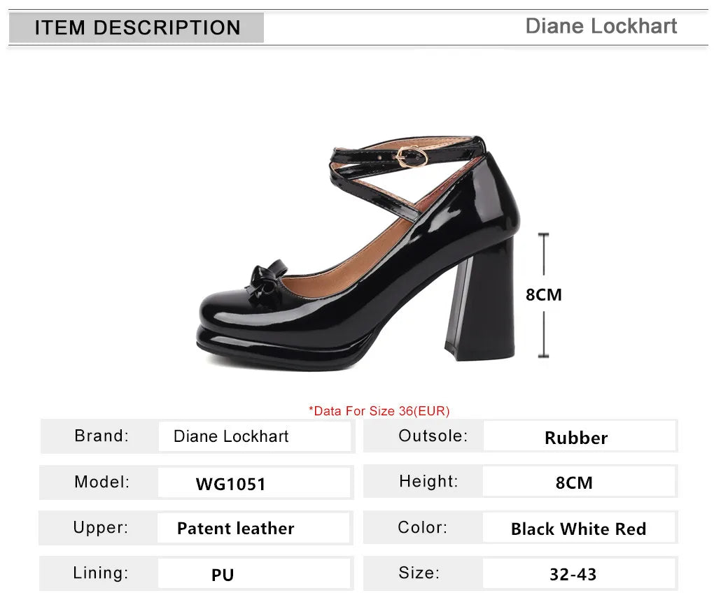 33-43 Sweet Platform Round Toe Square Heel Cross Straps Patent Leather Shoes