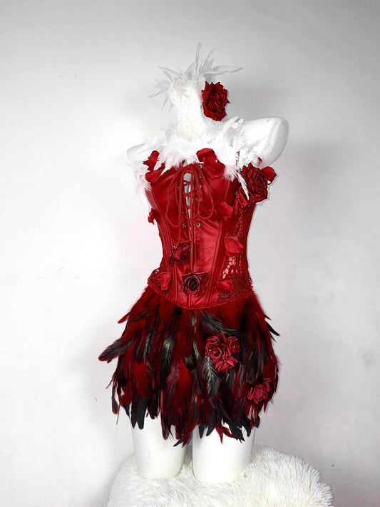 Red Rose Gothic Lace-Up Drawstring Feather Corset Bustier Top Dress