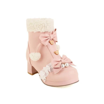 31-48 Pink Lolita Lovely Bow Knot Pompom Warm Faux Fur Boot