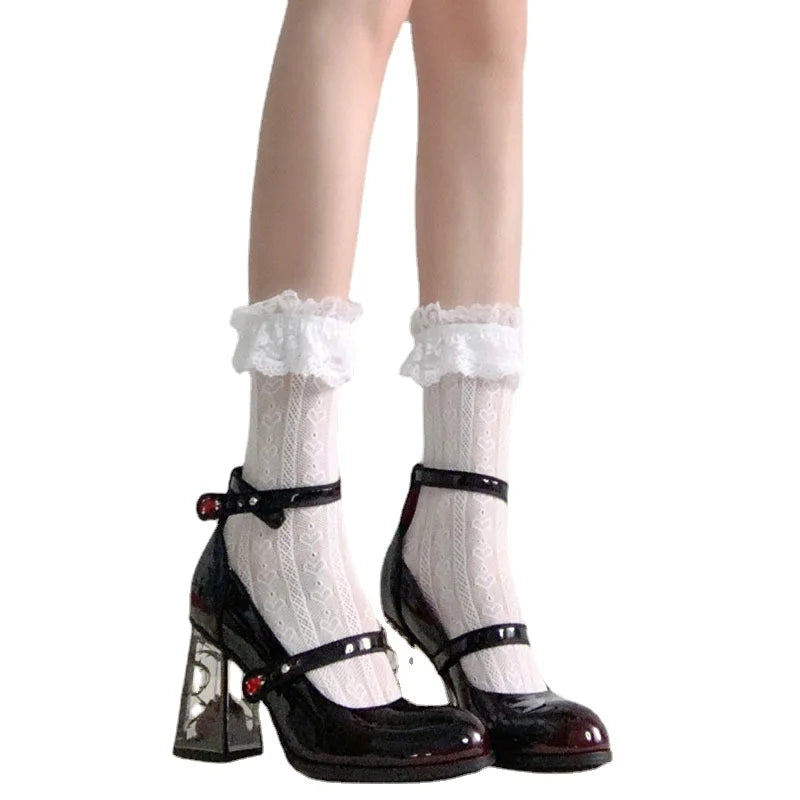 Wine Red Mary Jane Elegant Rose Block Heel Shoes - 35-43