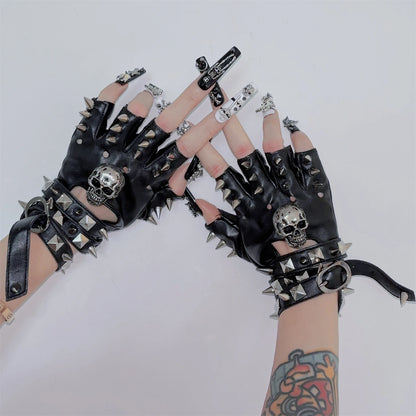 Dark Punk Y2K Millennial Half Finger Rock PU Gloves