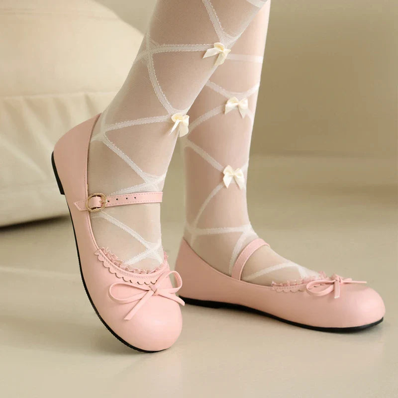 Pink White Mary Janes Bow Ballet Flats Shoes - 33-45