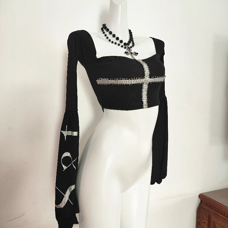 Dark Black Long Sleeve Pin Goth Punk Tube Top