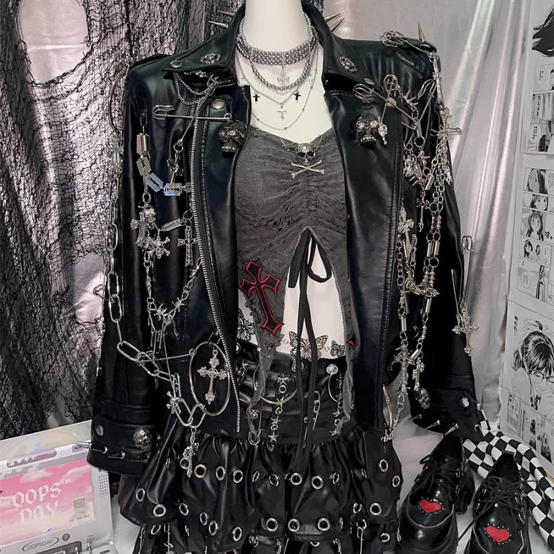 Black Punk Jacket Turn-down Collar Chain Rivet PU Leather Coat