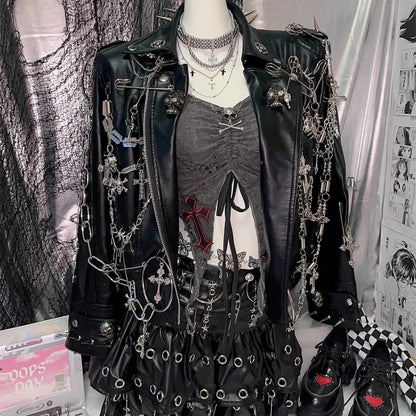 Black Punk Jacket Turn-down Collar Chain Rivet PU Leather Coat