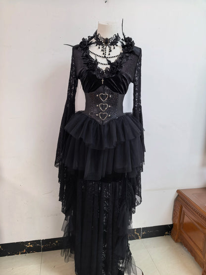 Gothic Y2k Black Lace Flared Long Sleeve Dress