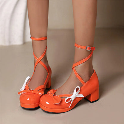 35-43 Bright Leather Sandals Lolita Bow Chunky Heel