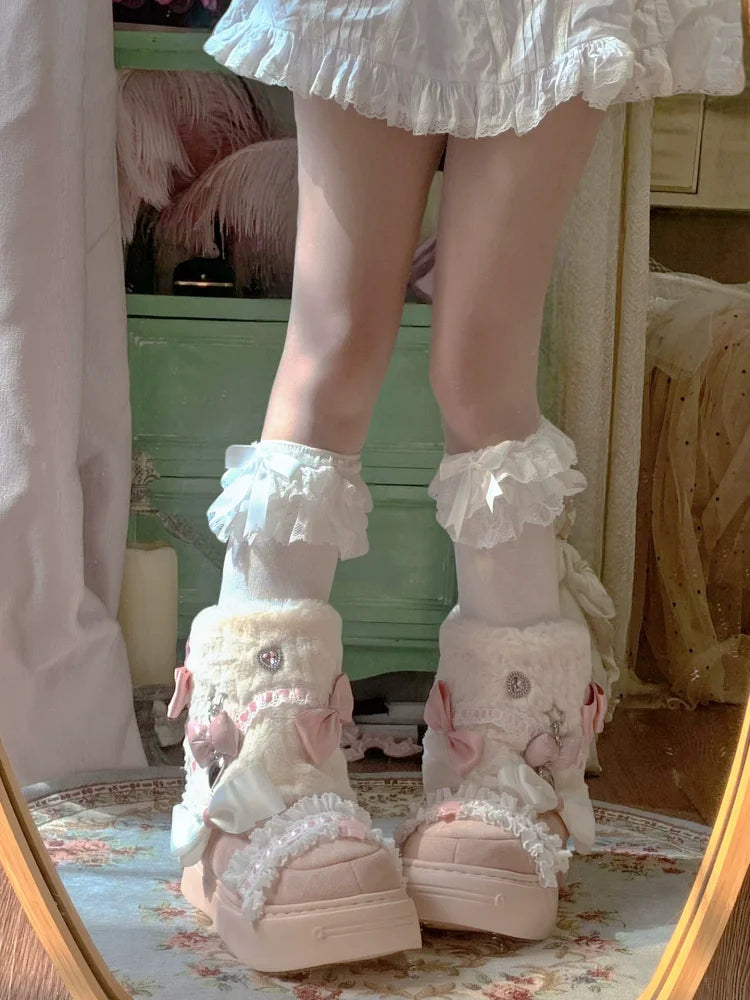 37-40 Sweet Winter Warm Bow Rabbit Fur Thick Snow Boots