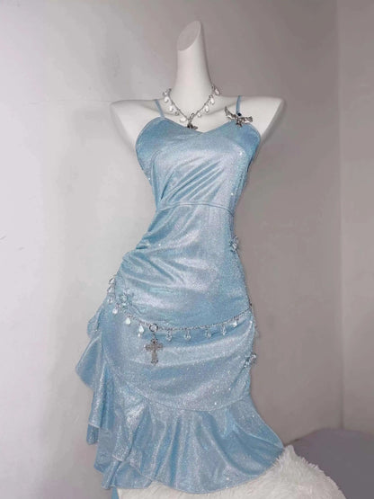 Blue Showa Princess Sexy Butt Wrapped Fish Tail Sparkling Small Dress