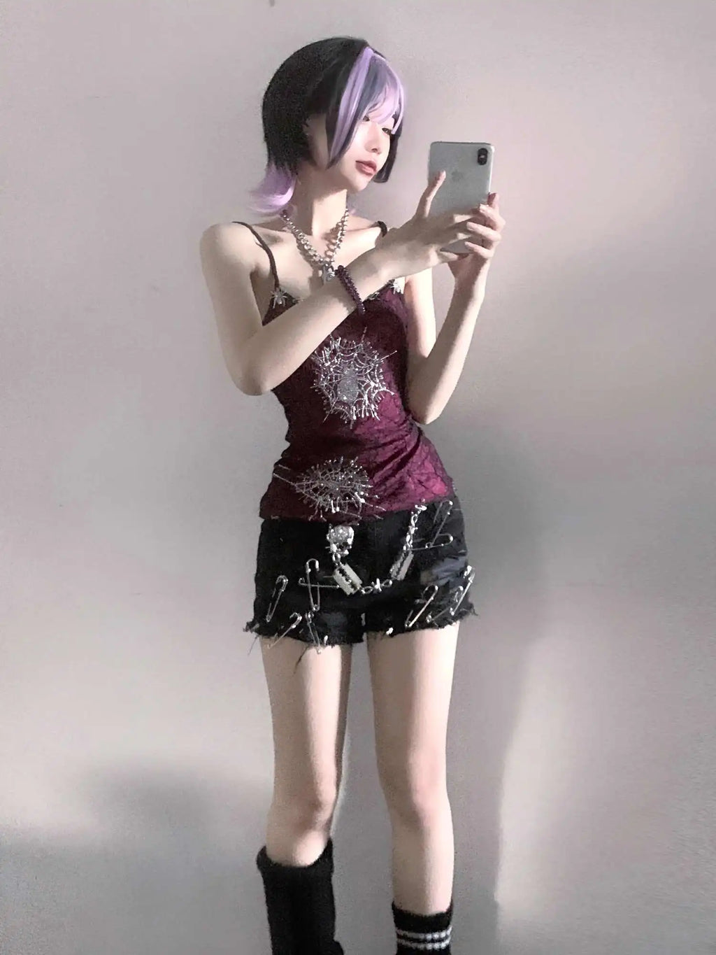 Dark Full Diamond Spider Web Barbie Purple Elastic Double Layer Strap Top