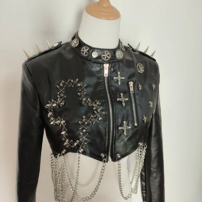 Punk Faux Leather Jacket Rivet Chain Short Jaquetas