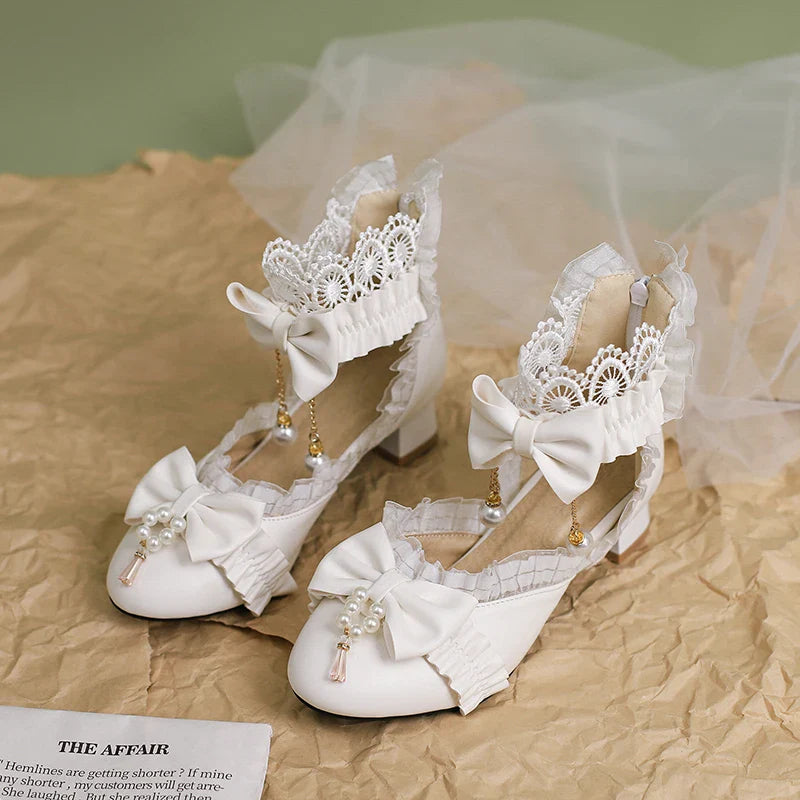 Lolita Lace Sweet Bow Pearl Shoes - 34-39