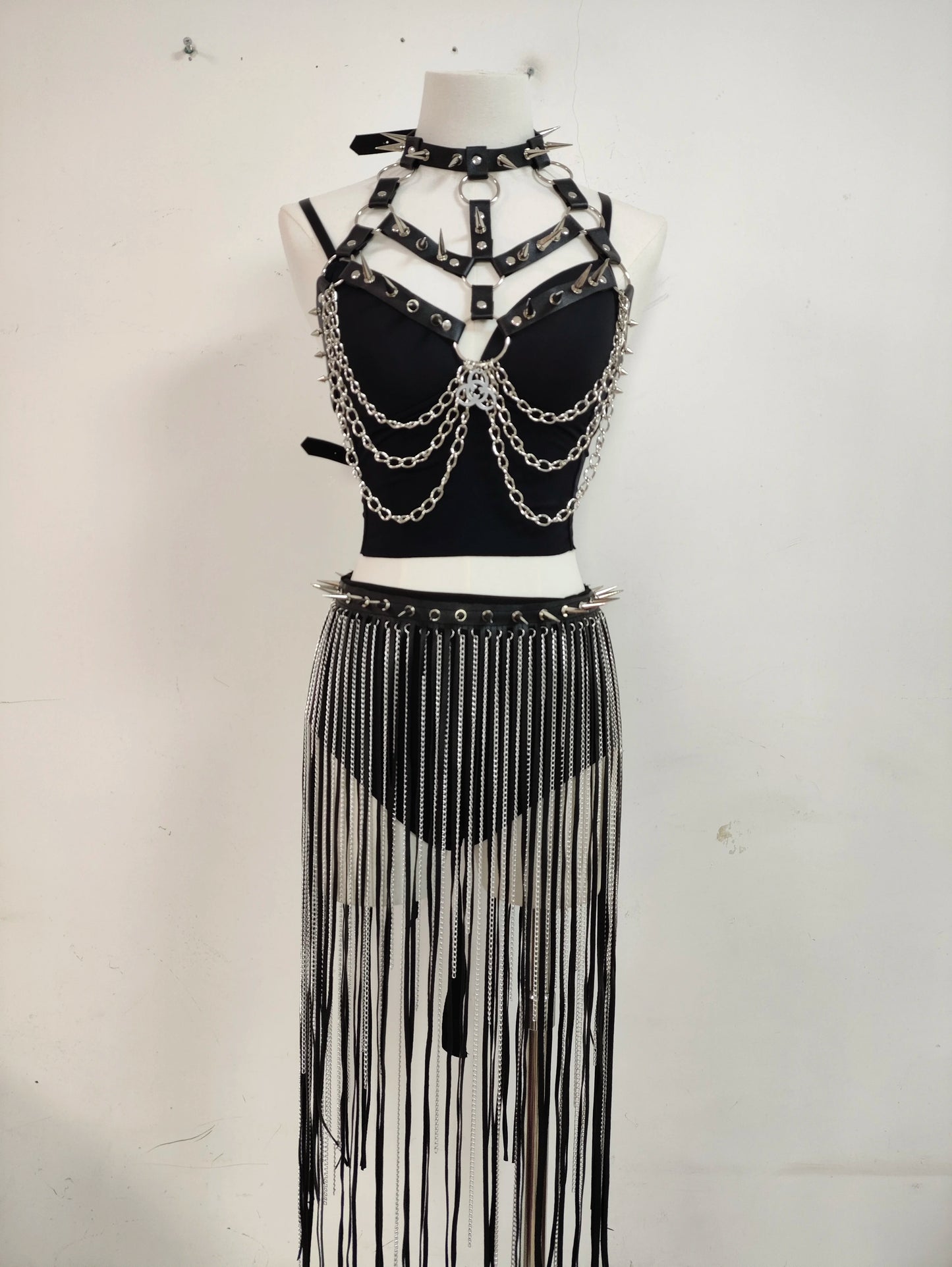 Punk Rivet Chain Corset Leather Vest Gothic Dark Tassel Skirt