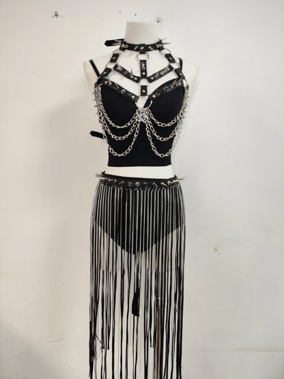 Punk Rivet Chain Corset Leather Vest Gothic Dark Tassel Skirt