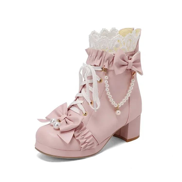 31-48 Pink String Bead Lace Pleated Bowknot Boots Shoes
