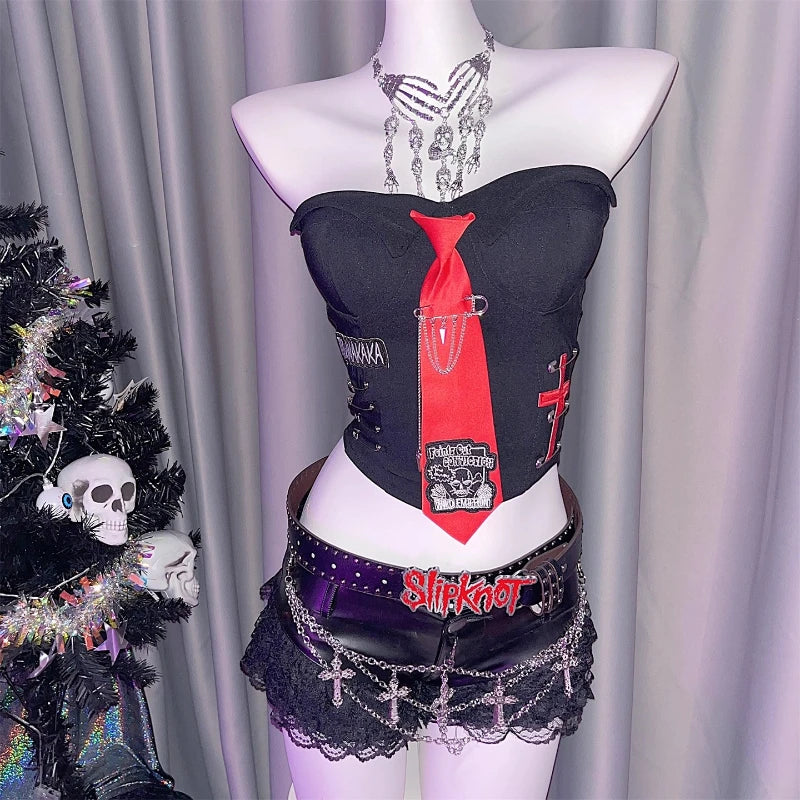 Black Punk Chain Lace Splicing PU Leather Rock Shorts