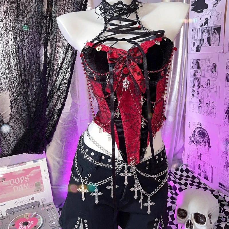 Red Black Velvet Halter Camisole Vest