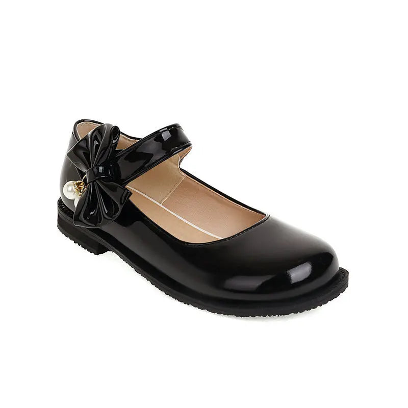 30-44 Sweet Pearl Bow Flat Heel Black Lolita Mary Jane Shoes