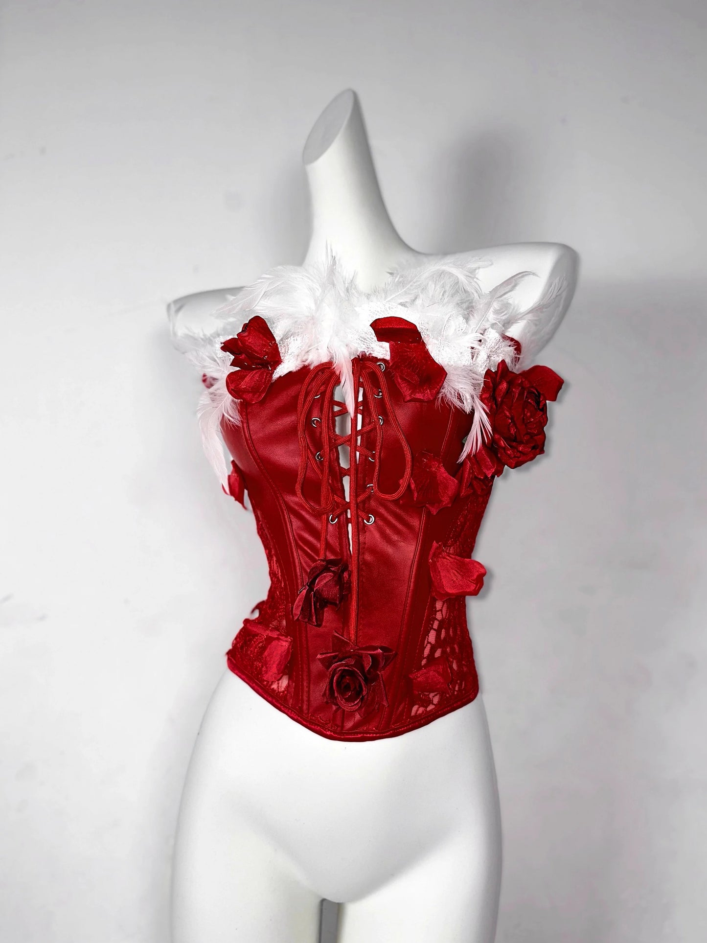 Red Rose Gothic Lace-Up Drawstring Feather Corset Bustier Top Dress