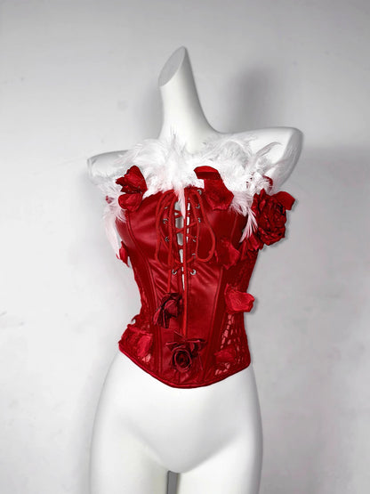 Red Rose Gothic Lace-Up Drawstring Feather Corset Bustier Top Dress