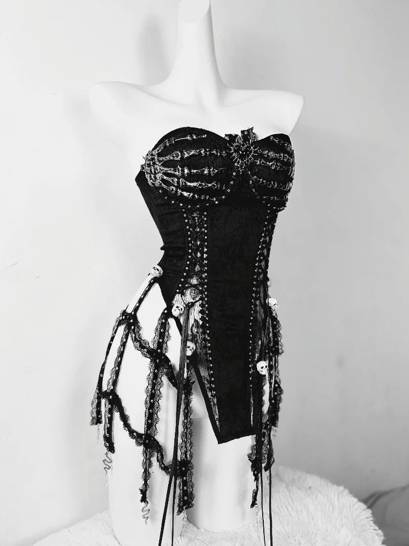 Pure Black Goth Dark Strap Drawstring Corset Bird Cage Affordable Corset Top