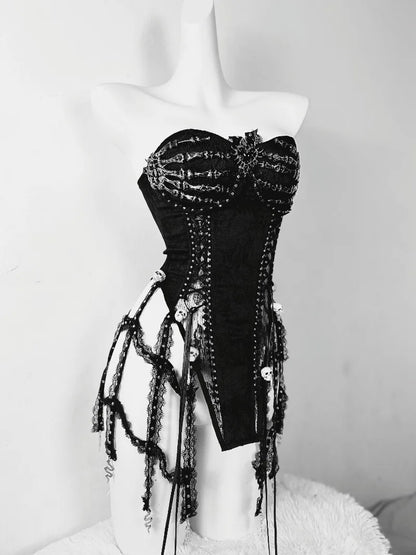 Pure Black Goth Dark Strap Drawstring Corset Bird Cage Affordable Corset Top