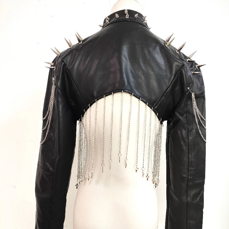 Punk Rivet Chain Tassel PU Leather Black Short Coat