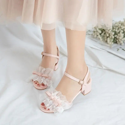 34-39 Sweet Lace Bow Open-toed Middle Heel Lolita Shoes
