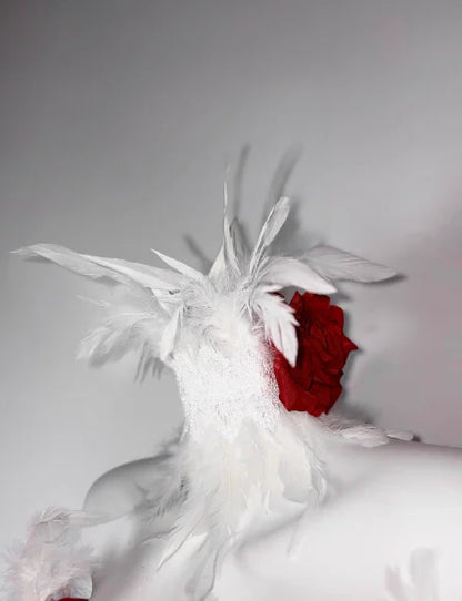 Red Rose Gothic Lace-Up Drawstring Feather Corset Bustier Top Dress