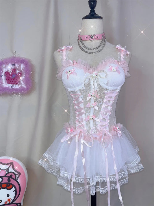 Sweet Pink Lace Trim Off Vest Cake Dress