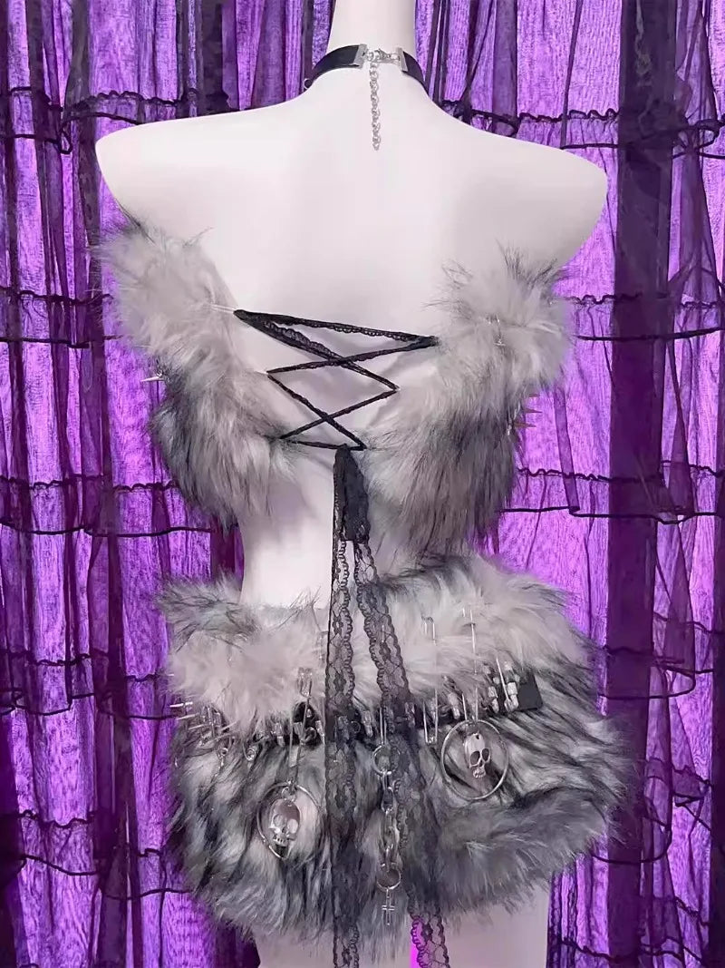 Y2K Millennial Bullet Metal Fur Imitation Fur Subculture Punk Hip Skirt Suit