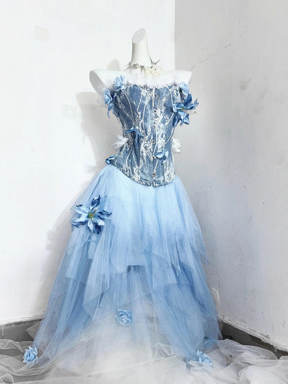 Blue Fairycore Butterfly Florals Patch Fishbone Ball Gown Mesh Gothic Dresses