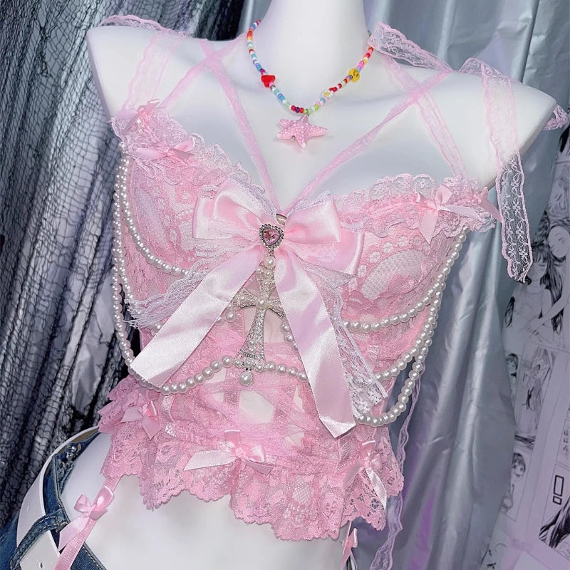 Pink Y2K Camisole Pearl Sweet Lace Sling Vest