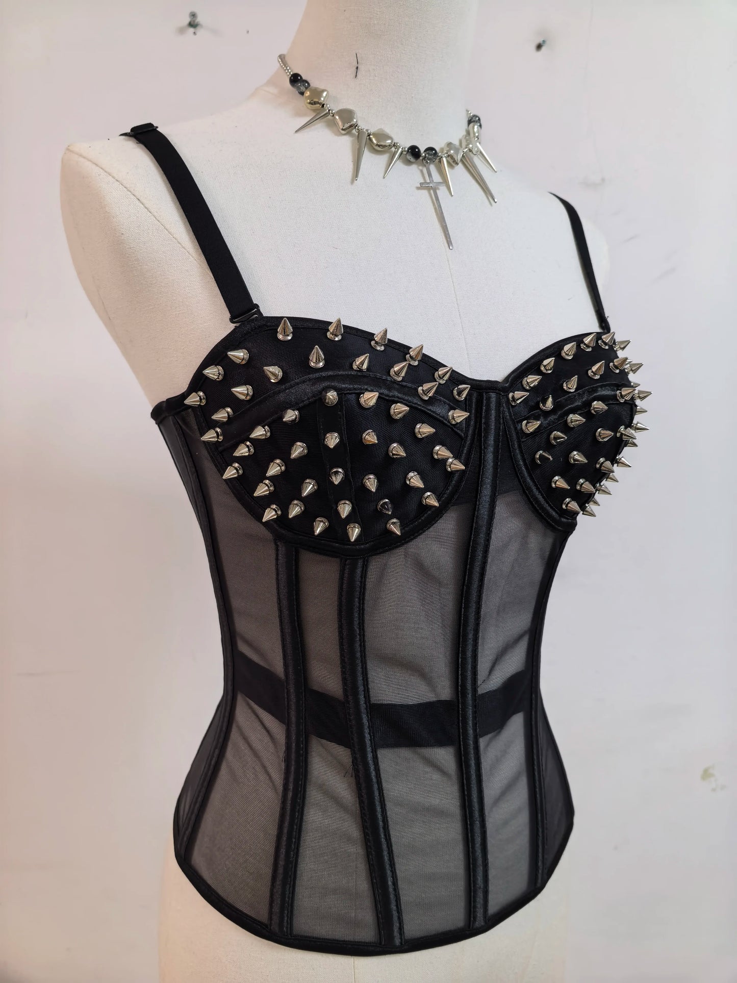 Punk Y2K Mesh See-through Fishbone Rivet Waist Cincher Corset