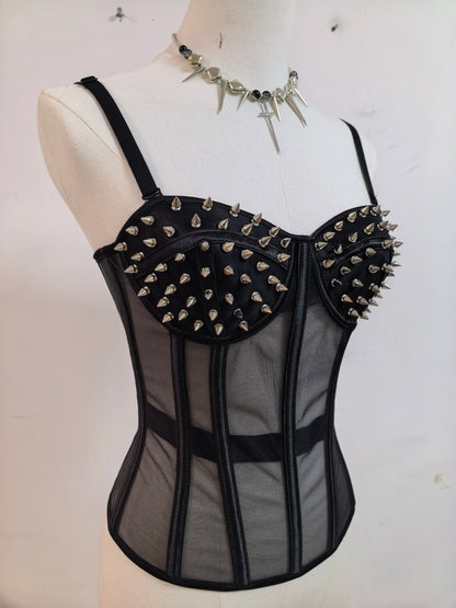 Punk Y2K Mesh See-through Fishbone Rivet Waist Cincher Corset