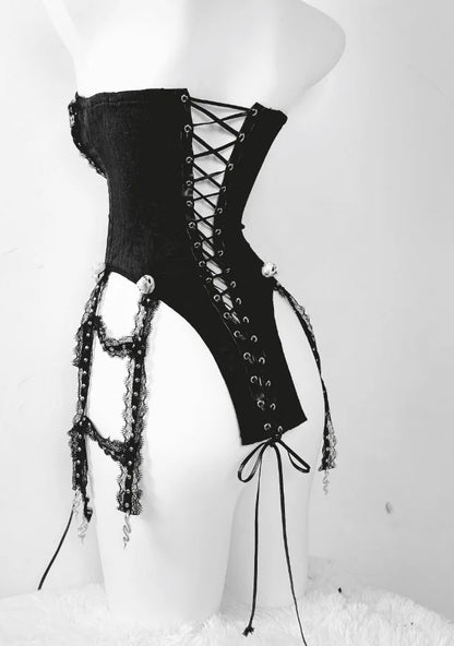 Pure Black Goth Dark Strap Drawstring Corset Bird Cage Affordable Corset Top