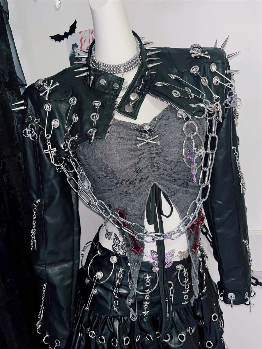 Punk Rivet Rock Retro PU Leather Metal Chain Jackets