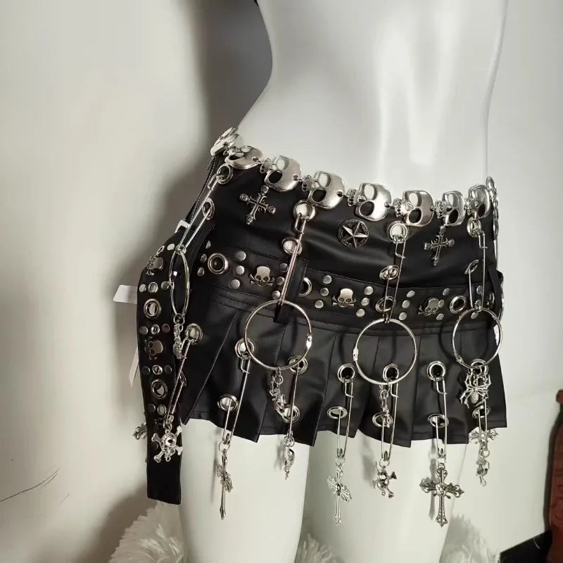 Punk Y2K Leather Short Mini Pleated Skirt