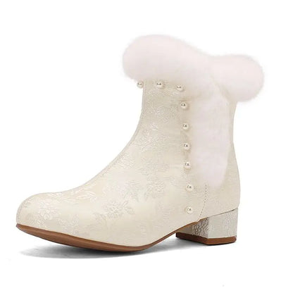 31-43 Zipper Flower Beads Rabbit Fur Round Toe Block Heels