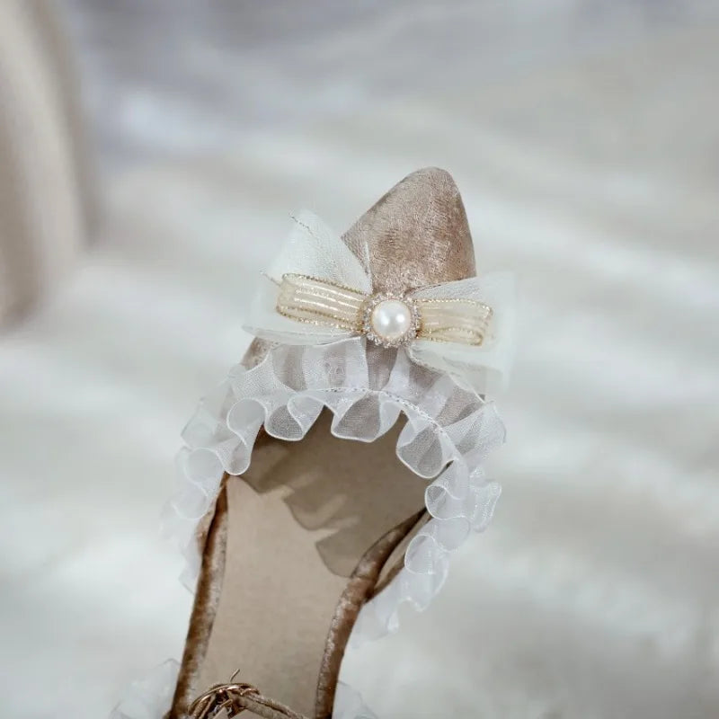 35-45 Red Metal Rhinestone Pearl Sandals Velvet Lolita Princess Shoes