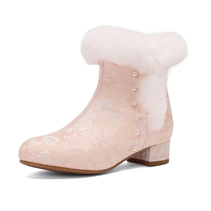 31-43 Zipper Flower Beads Rabbit Fur Round Toe Block Heels