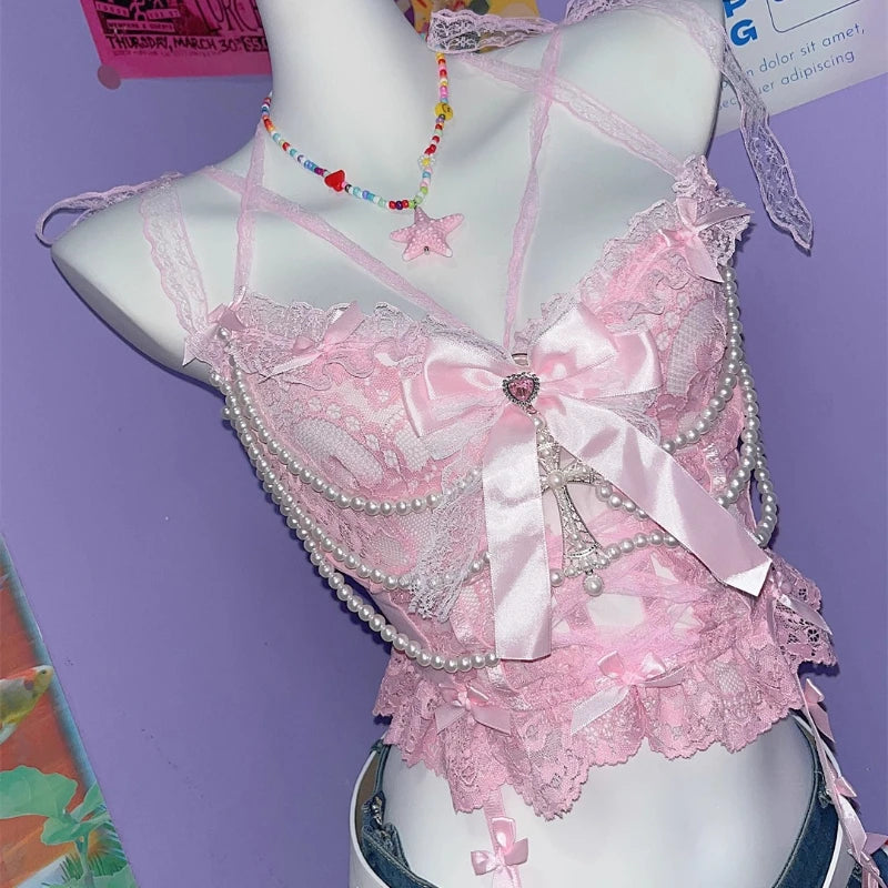 Pink Y2K Camisole Pearl Sweet Lace Sling Vest