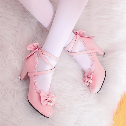 35-50 Lolita Black Pink Cross-Strap Bow Tea Party Shoes