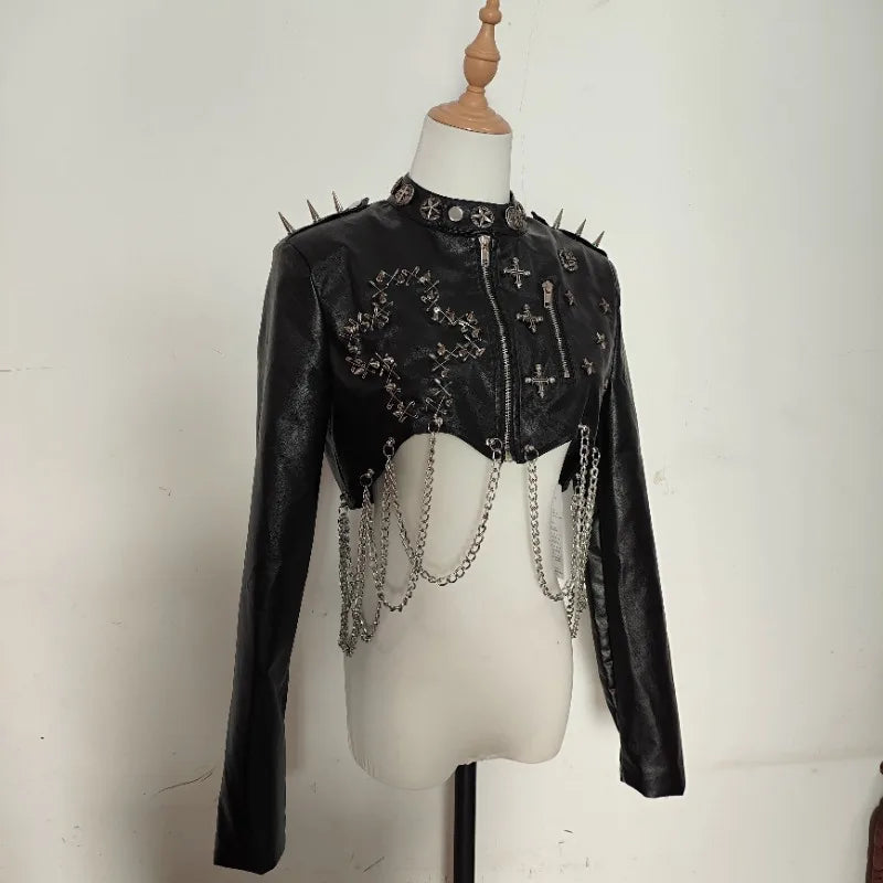 Punk Faux Leather Jacket Rivet Chain Short Jaquetas