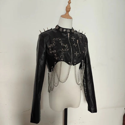 Punk Faux Leather Jacket Rivet Chain Short Jaquetas